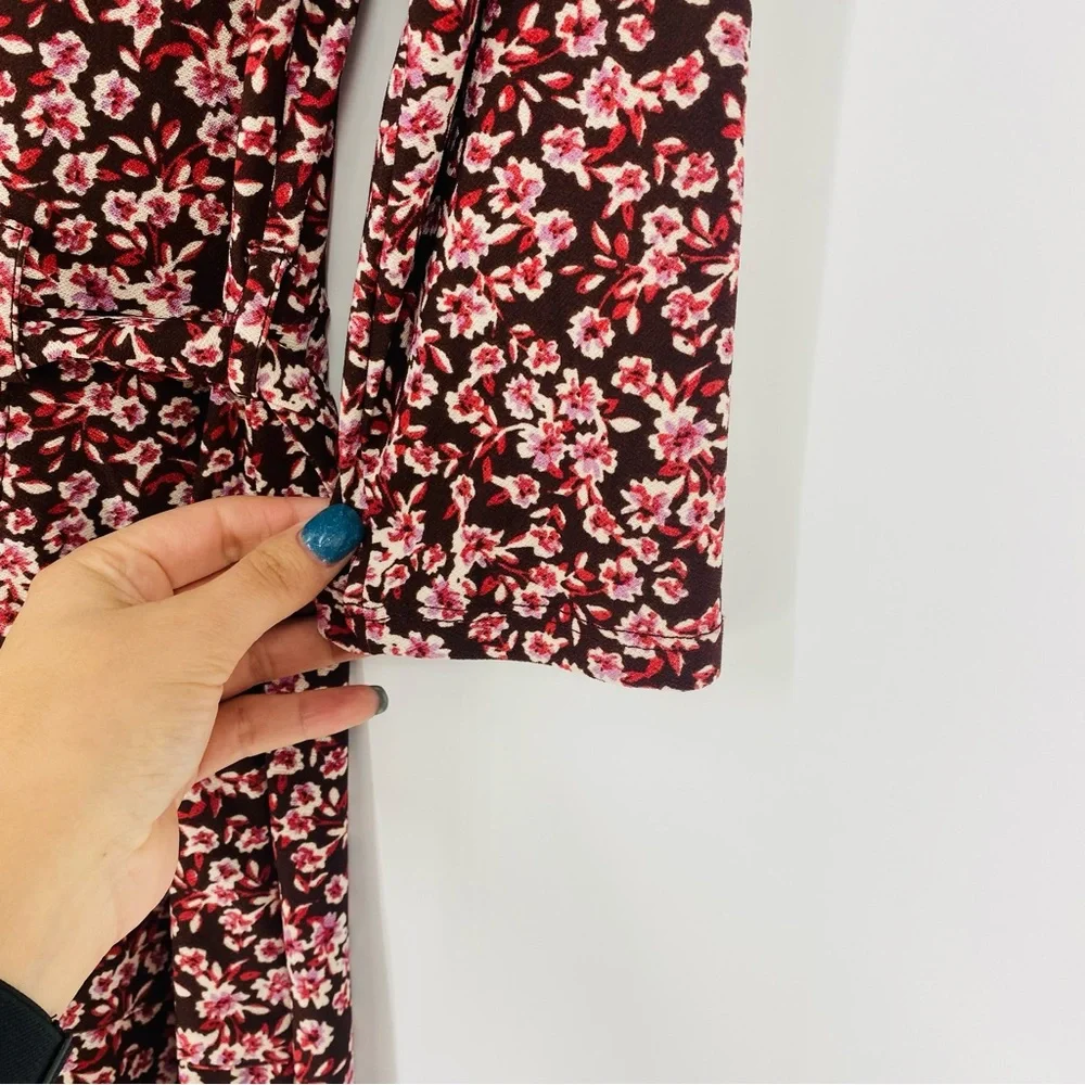 Monteau Brown Pink Floral Belted Pocket V-Neck Mid Dress M - Picture 3 of 7